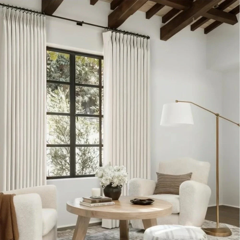 90 Inch Linen Curtains 2 Panel Set for Living Room Natural Beige Pinch Pleat